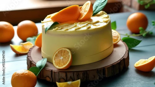 Citrus cake decorated with fresh orange slices and green leaves on rustic wooden board, vibrant colors