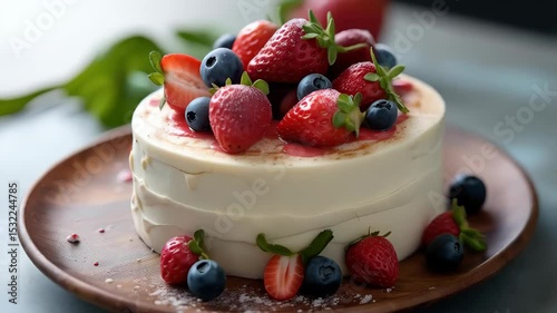 Single tier buttercream cake with mixed berries and raspberry coulis drizzle on a wooden platter
Garden berry coulis concept