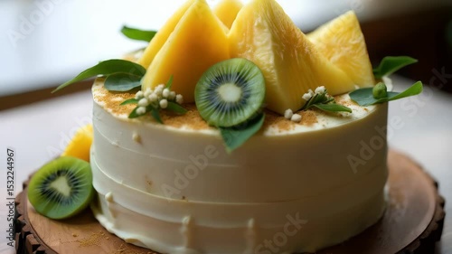 Single tier buttercream cake adorned with pineapple wedges and kiwi slices on a wooden slab
Tropical fruit fusion concept