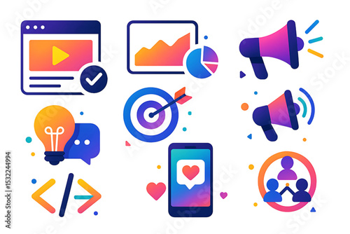 Digital Marketing and Business Management Flat Icons Set.