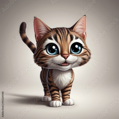 Adorable cartoon kitten with big blue eyes standing on light background