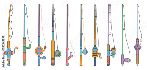 Collection of Colorful Cartoon Fishing Rods and Reels