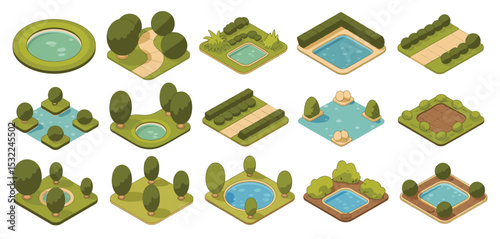 Isometric Landscape Design Elements for Parks and Gardens