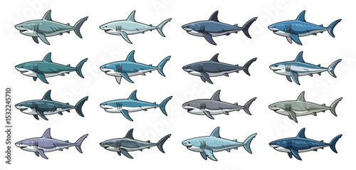Twelve Great White Sharks in Various Shades of Blue