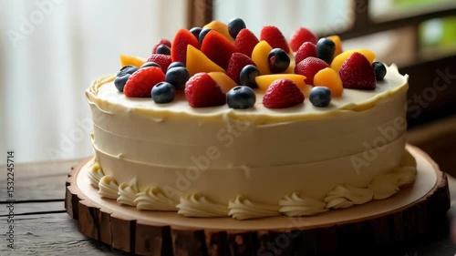 Single layer buttercream cake topped with assorted berries and mango cubes on a wood platter
Sunny summer fruit concept