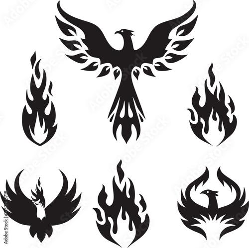 Black phoenix bird and flames vector set isolated on white background