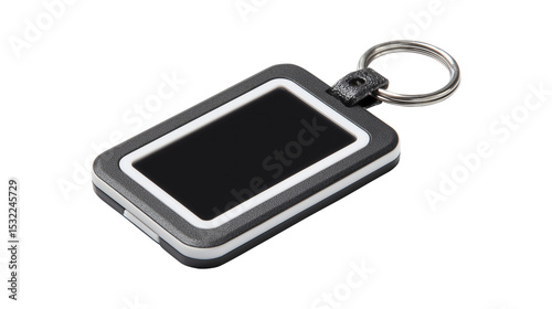 Black digital keychain with LED display screen and metal ring