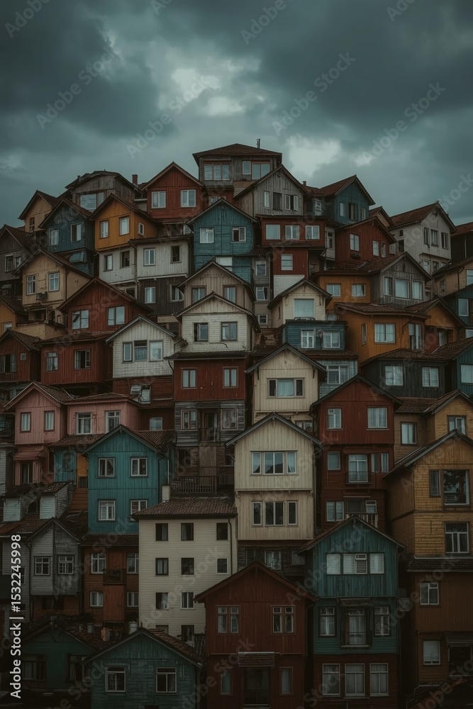Densely packed colorful wooden houses on a hillside under a dramatic cloudy sky Densely packed colorful wooden houses on a hillside under a dramatic cloudy sky