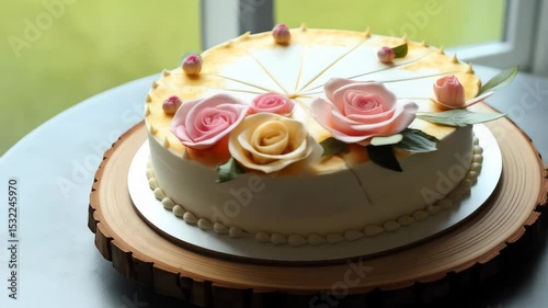Naked buttercream cake adorned with pink sugar roses and tiny white floral accents on wooden slab with draped teal cloth feminine elegance concept