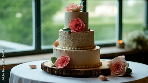 Three tier buttercream wedding cake adorned with mixed berries, citrus slices, and green sprigs on a wooden slab
Elegant summer fete concept