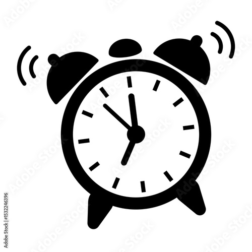 Ringing Alarm Clock Icon. Illustration of Wake-Up Time Alert Notification. Alarm Clock Icon with Vibrating Sound Lines. Wake Up Call Symbol in Black Silhouette Style