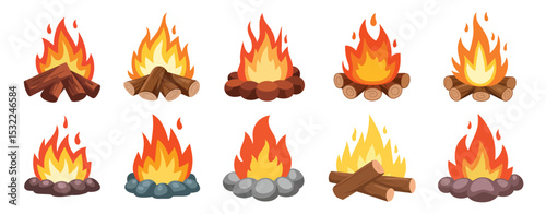 Collection of Cartoon Campfire Illustrations with Flames