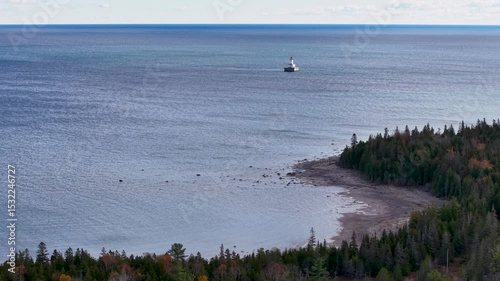 Aerial view of a lighthouse near DeTour Village on the Lake Huron shoreline in Michigan’s Upper Peninsula photo