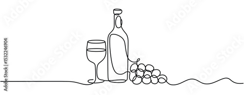 Wine Bottle Glass Grapes Continuous Line Drawing Illustration