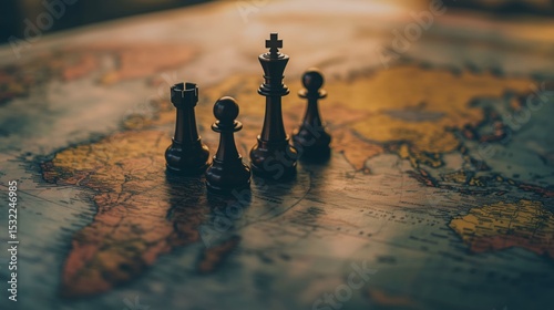 Chess pieces positioned on a vintage world map at dawn
