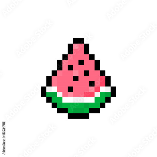 Pixel art watermelon, 8-bit fruit icon, Retro watermelon slice, Pixelated summer fruit, Watermelon graphic vector, Digital fruit sprite, Pixel food symbol