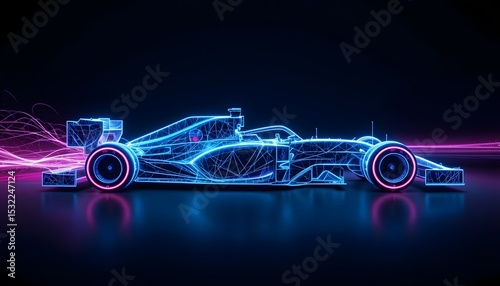 Abstract digital illustration of a Formula 1 car made of glowing neon lines or energy trails on dark background