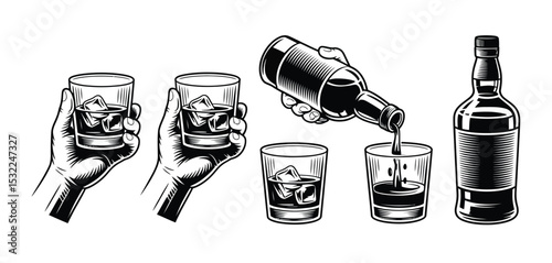 Vintage Illustration of Whiskey Pouring and Glasses