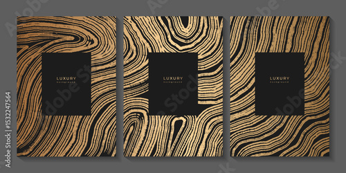 Set of gold wooden templates. Luxury gold background with wood annual rings texture. Banner with tree ring pattern. Stamp of tree trunk in section. Wooden concentric circles. Wave pattern
