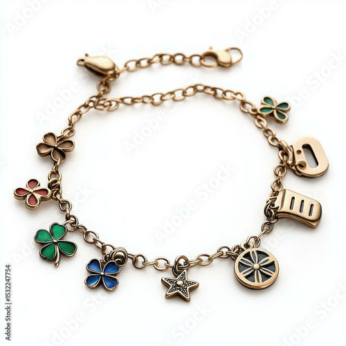 Elegant Charm Bracelet with Colorful Pendants in Gold Tone on a Light Background