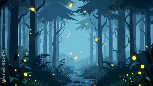 Enchanted Forest Night  Glowing Fireflies & Blooming Flowers