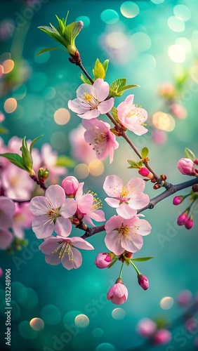 Delicate Pink Cherry Blossoms on Branch with Bokeh Lights Background
