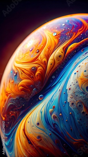 Abstract planet with swirling vibrant colors and liquid texture background