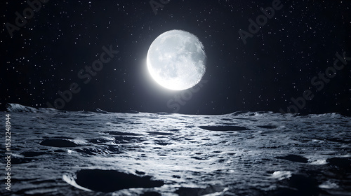 A bright full moon shines over a cratered lunar surface against a star-filled night sky.