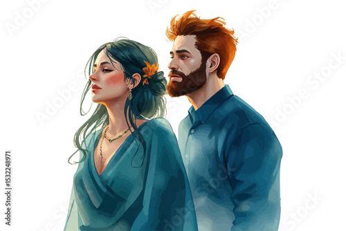 Watercolor Style – Happy Couple Traveling and Exploring: A Journey of Adventure, Romance, and Discovery | Vector Illustration
