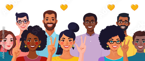 Diverse Group of People Standing in a Row – Vector Illustration of Multicultural Unity and Inclusion.