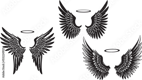 A collection of three different angel wing designs, each with a halo, perfect for tattoos or other artistic projects.