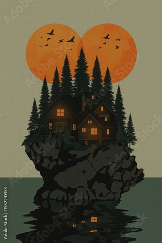 Secluded cabin on a rocky island at sunset with flying birds