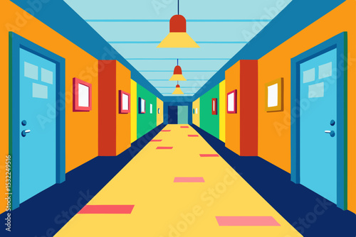 Vibrant School Hallway Colorful Corridor Design with Doors and Pictures