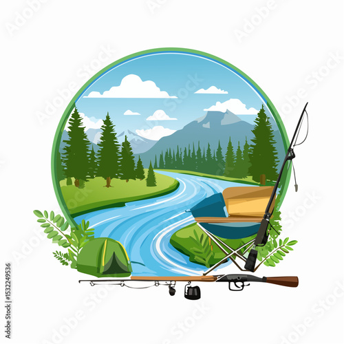 Outdoor scene with fishing gear, a tent, and a chair by a winding river surrounded by trees and mountains.