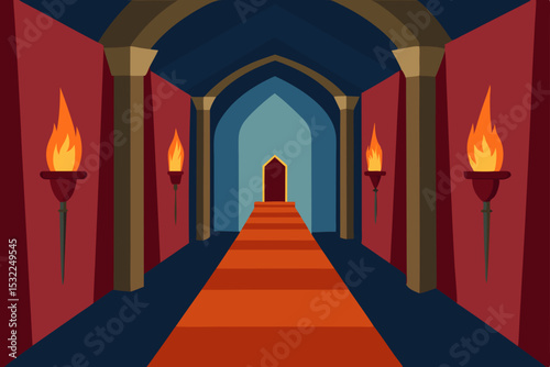 Majestic Castle Hallway A Grand Entrance with Fiery Torches and Red Carpet