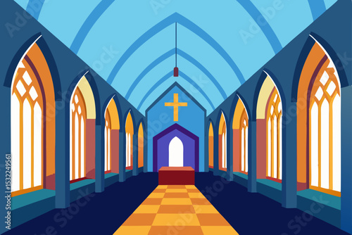 Serene Church Interior Gothic Architecture, Stained Glass Windows, and Tranquil Ambiance