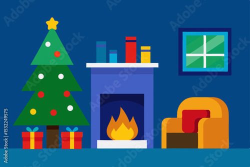 Cozy Christmas Eve Fireplace, Christmas Tree, and Gifts Illustration