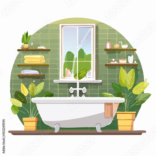 Serene bathroom interior with clawfoot tub, lush plants, and shelves stocked with toiletries.