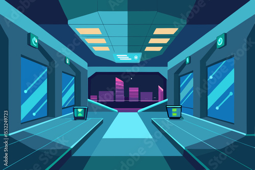 Futuristic Spaceship Corridor A Cyberpunk City Nightscape View