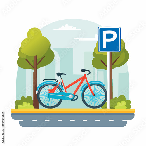 A vibrant illustration of a bicycle parked next to a parking sign.