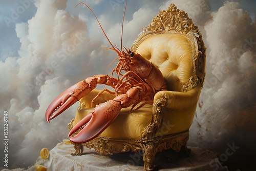 Lobster Relaxing On A Gilded Chair In Clouds