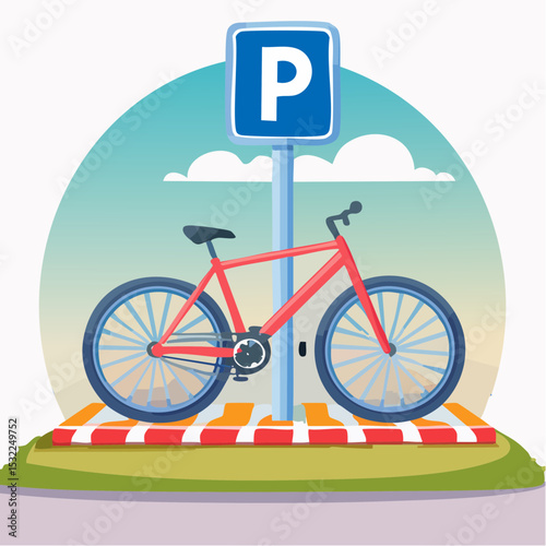 A red bicycle parked on a striped pedestrian area next to a parking sign in a cartoon-style illustration.