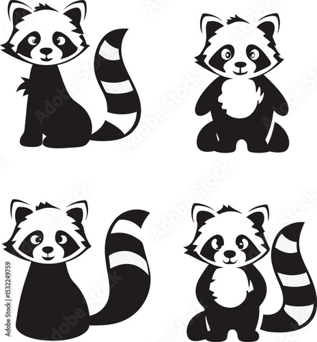 Cute cartoon raccoon characters in various poses black and white design