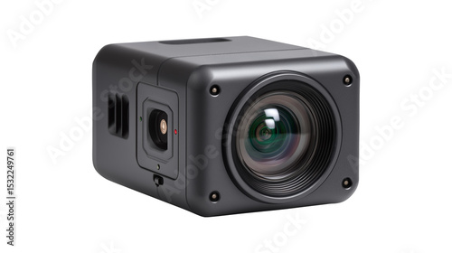 Black action camera with wide angle lens isolated on transparent background