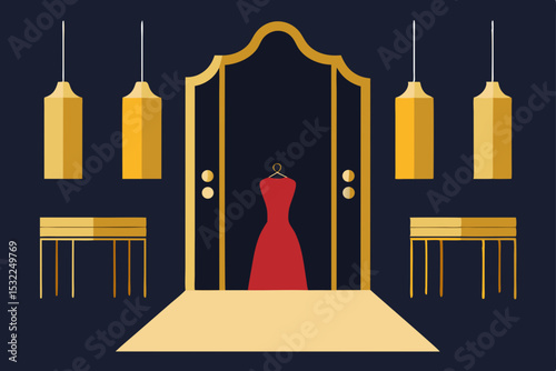 Elegant Boutique Store Interior Design Red Dress, Golden Accents, and Modern Lighting