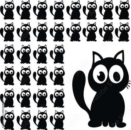 Cute cartoon black cat silhouettes and larger illustration on white background