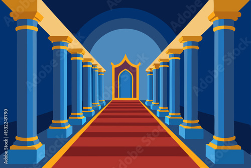 Grand Hallway with Majestic Columns and Red Carpet A Royal Architectural Design