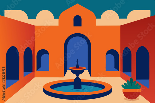 Vibrant Courtyard A Colorful Illustration of Mediterranean Architecture