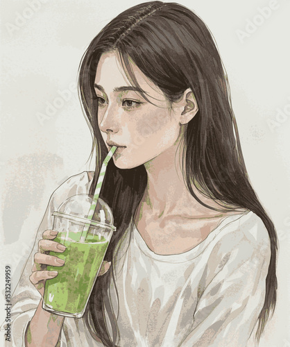 Vibrant Sip Woman drinking smoothie isolated watercolor vector illustration svg