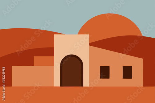 Desert House Minimalist Art Print  Sun-Kissed Architecture in Warm Tones